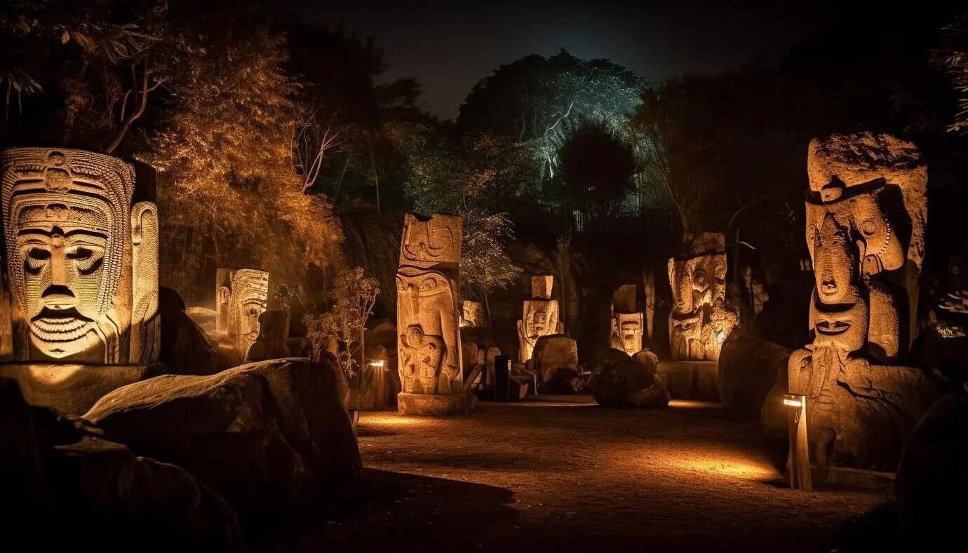 Antike, nachts beleuchtete Skulptur ragt empor, von KI generiert.