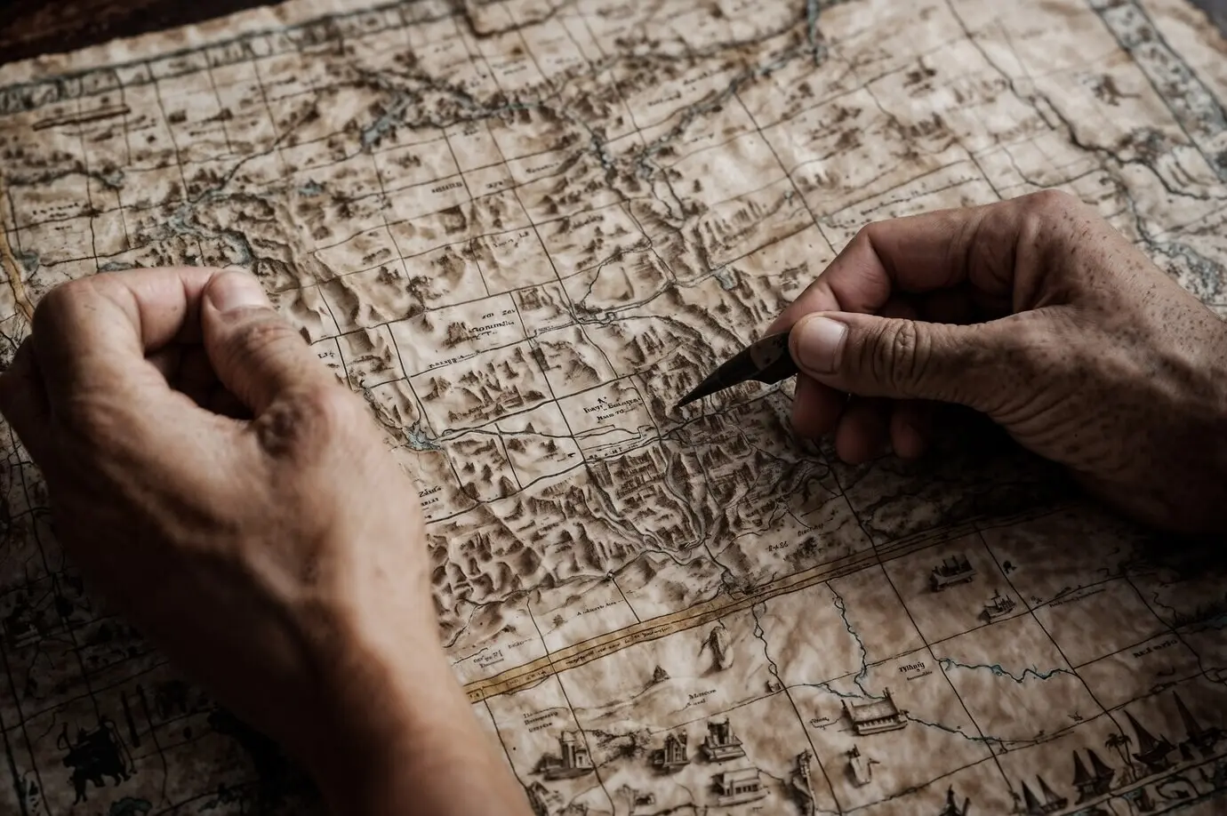 Detailaufnahme einer alten Papierkarte.